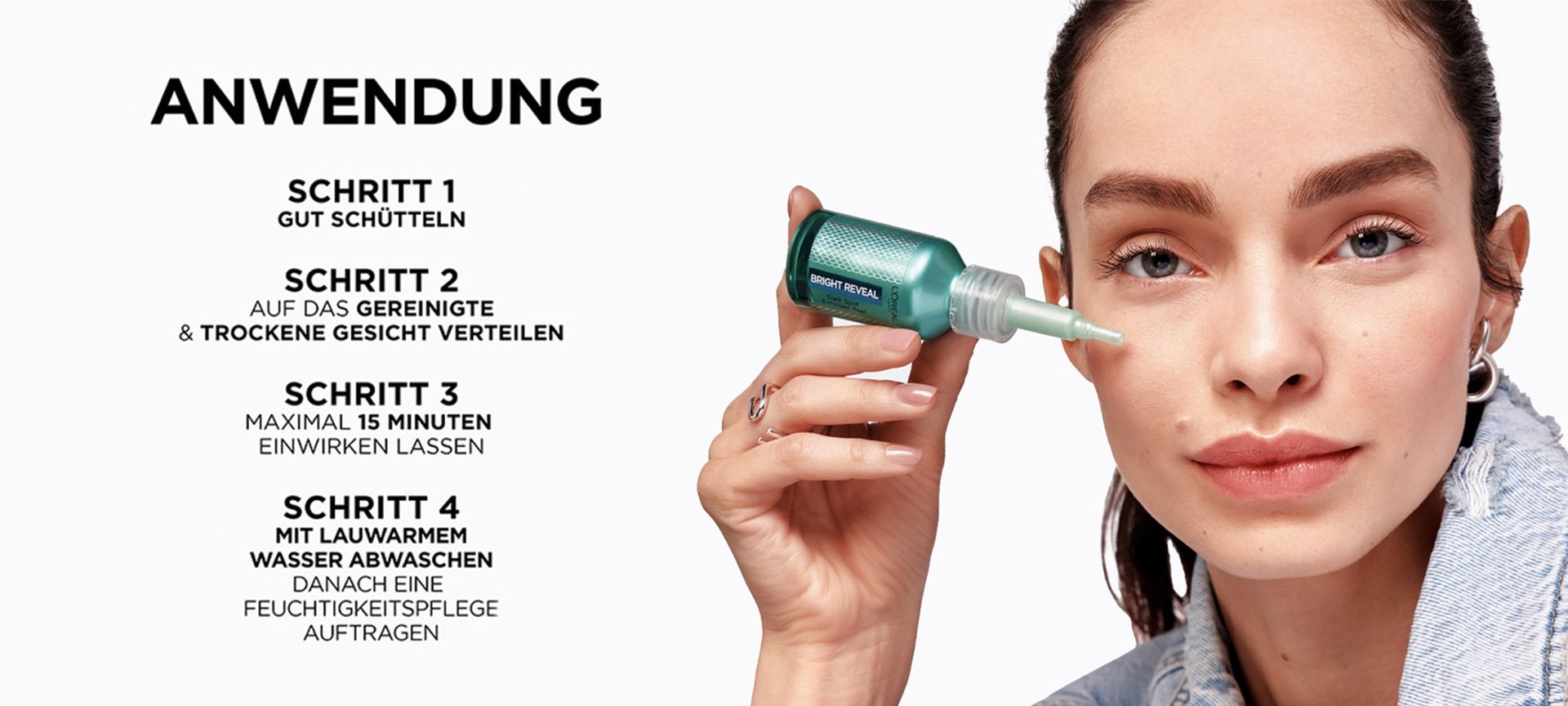 Luma Grothe trägt das Bright Reveal Peeling auf. Anwendungsschritte werden daneben beschrieben
